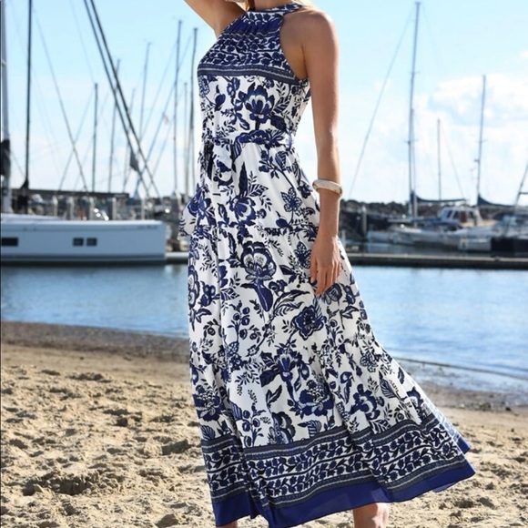 Boho Floral Print Belted Halter Maxi Dress - Picture 3 of 8